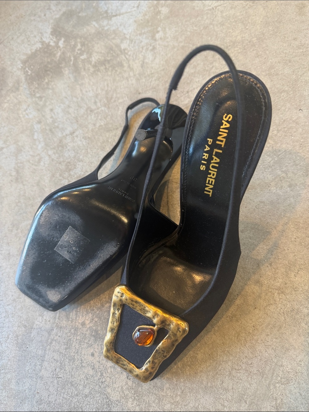 Saint Laurent Black Slingback Pumps with Hammered Gold Frame and Amber Detail - Picture 6 of 6